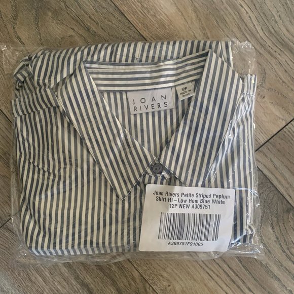 NWT JOAN RIVERS STRIPED PEPLUM SHIRT HI-LOW HEM BLUE & WHITE 12P (PETITE) - Picture 6 of 9